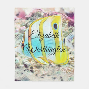 Vintage Drawing of Blue Yellow Fish in Sea Fleece Blanket