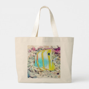 Vintage Drawing of Blue Yellow Fish in Sea Large Tote Bag