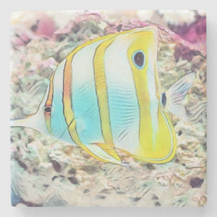 Vintage Drawing of Blue Yellow Fish in Sea Stone Coaster