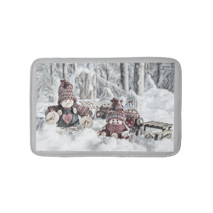 Vintage Drawing of Gnomes in the Snow  Bath Mat