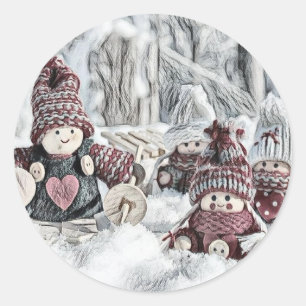 Vintage Drawing of Gnomes in the Snow Classic Round Sticker