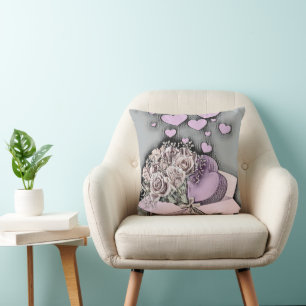 Vintage Drawing of Pink Hearts and Roses in Box Me Cushion