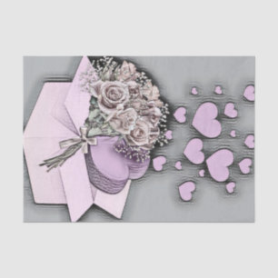 Vintage Drawing of Pink Hearts and Roses in Box Tissue Paper