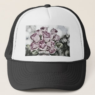 Vintage drawing of Pink Roses Bucket Trucker Hat