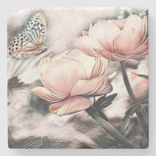 Vintage Drawing Pink and Grey Roses Butterfly Stone Coaster