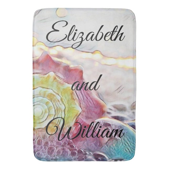 Vintage Drawing Pink Yellow Seashell  Bath Mat (Front Vertical)