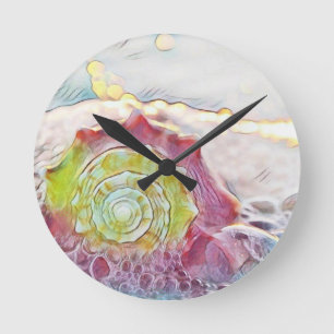 Vintage Drawing Pink Yellow Seashell Lumbar Pillo Round Clock