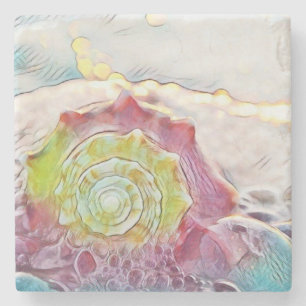 Vintage Drawing Pink Yellow Seashell Stone Coaster