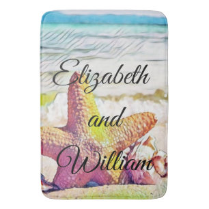 Vintage Drawing Pink Yellow Star Seashells Bath Mat