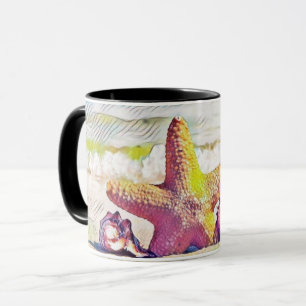 Vintage Drawing Pink Yellow Star Seashells  Mug