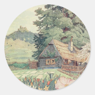 Vintage Drawing: Small Mountain Cottage in Spring Classic Round Sticker