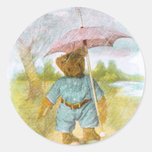 Vintage Drawing: Teddy Bear in the Rain Classic Round Sticker