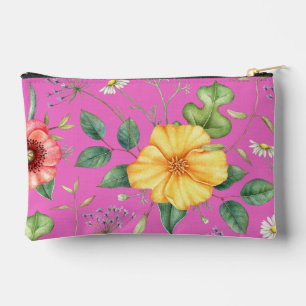 Vintage Drawing Wildflowers / Chick, Pink Accessory Pouch