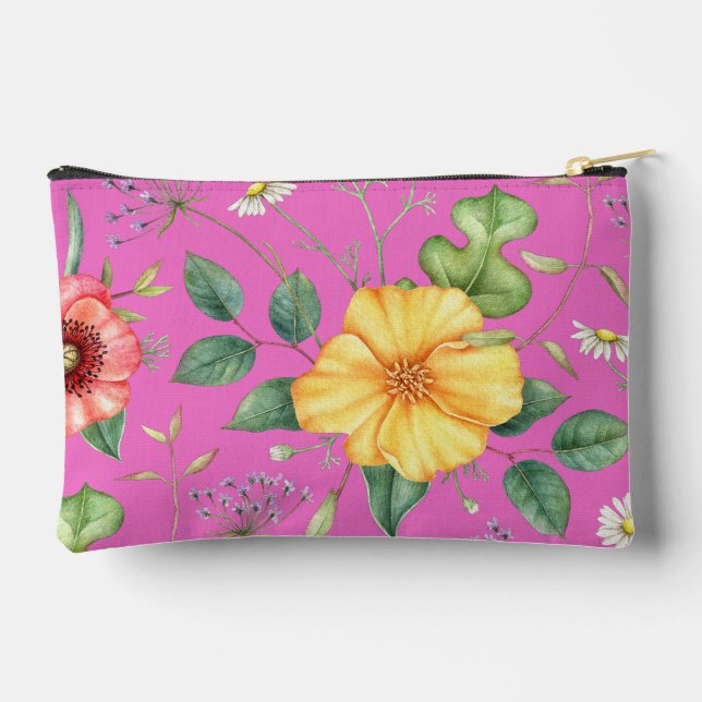 Vintage Drawing Wildflowers / Chick, Pink Accessory Pouch (Back)