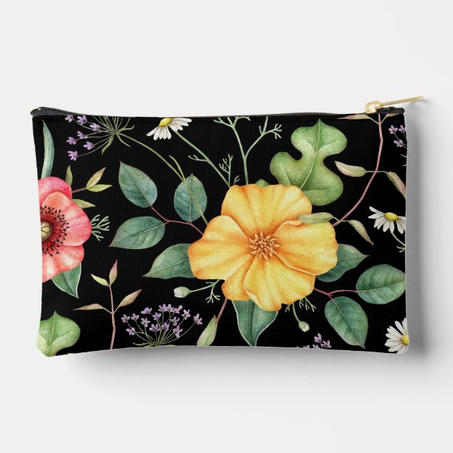 Vintage Drawing Wildflowers / Midnight Accessory Pouch (Back)