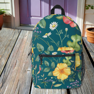 Vintage Drawing Wildflowers /Teal, Nature Backpack