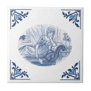 Vintage Dreamy Lady Delft Corner Blue and White Ceramic Tile
