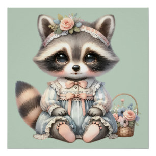 Vintage Dressed Cottagecore Raccoon Pastel Poster