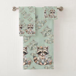 Vintage Dressed Cottagecore Racoon Pastel Bath Towel Set