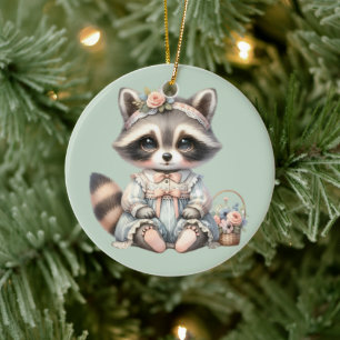 Vintage Dressed Cottagecore Racoon Pastel Ceramic Ornament