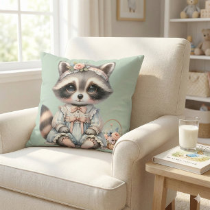 Vintage Dressed Cottagecore Racoon Pastel Cushion
