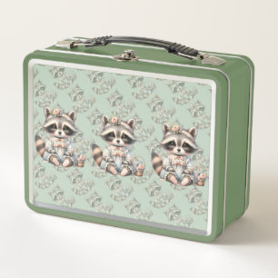 Vintage Dressed Cottagecore Racoon Pastel Metal Lunch Box