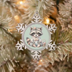 Vintage Dressed Cottagecore Racoon Pastel Snowflake Pewter Christmas Ornament