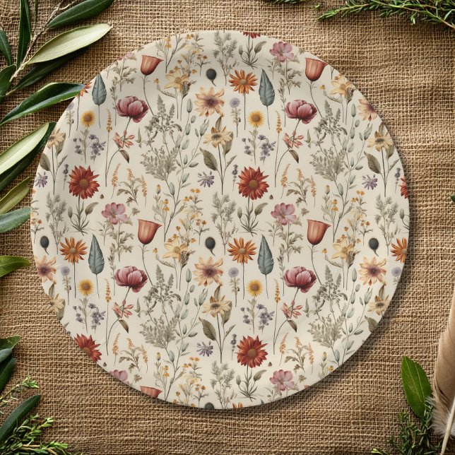 Vintage Dried Wildflower Burgundy Pink Yellow Paper Plate (Creator Uploaded)