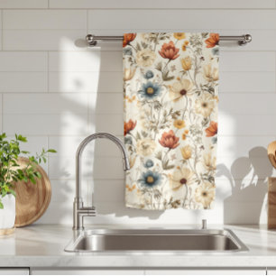 Vintage Dried Wildflower Navy Terracotta Tea Towel