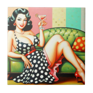 Vintage Drink Girl Ceramic Tile