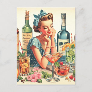 Vintage Drink Girl Illustration Postcard