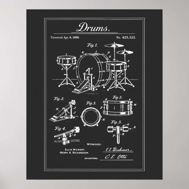 Vintage Drum Set Blueprint Poster (Front)