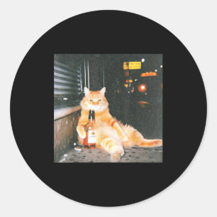 Vintage Drunk Cat Meme In Night Street Funny Cat L Classic Round Sticker