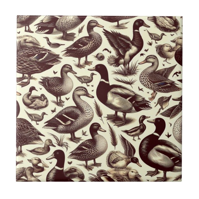 Vintage Duck and Goose Pattern Ceramic Tile (Front)