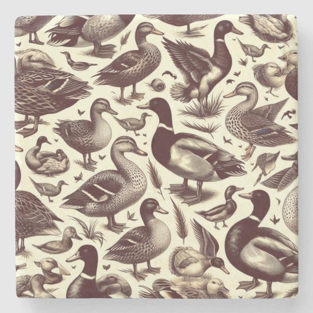 Vintage Duck and Goose Pattern Stone Coaster (Front)