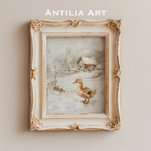 Vintage Duck Painting Rustic Snowy Landscape Poster