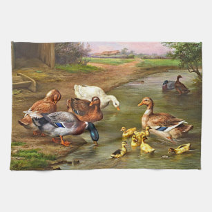 Vintage Ducks Ducklings Farm Animals Tea Towel