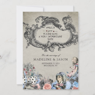 Vintage Dusty Blue Alice in Wonderland Wedding Save The Date