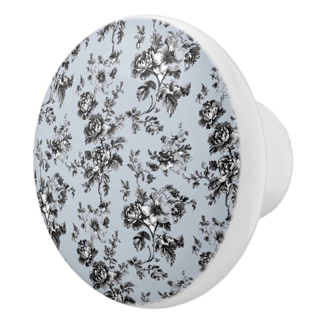 Vintage Dusty Blue & Black Chinoiserie Ceramic Knob (Right)