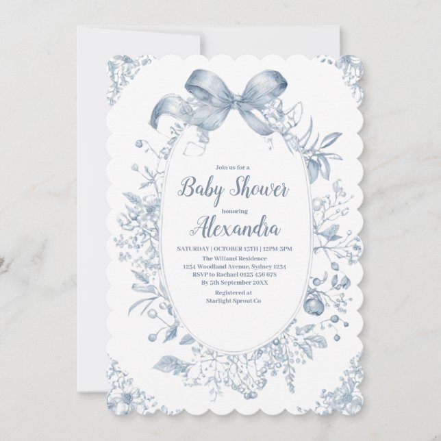 Vintage Dusty Blue Bow  Invitation (Front)