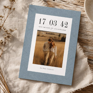 Vintage Dusty Blue Damask Photo Wedding Save The Date