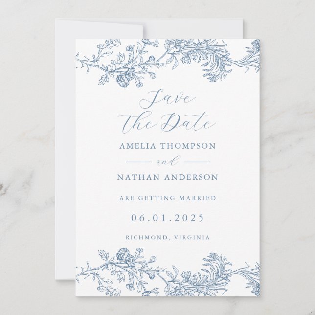 Vintage Dusty Blue Elegant Wedding Save The Date (Front)