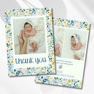 Vintage Dusty Blue Floral Baby Photo Thank You Announcement
