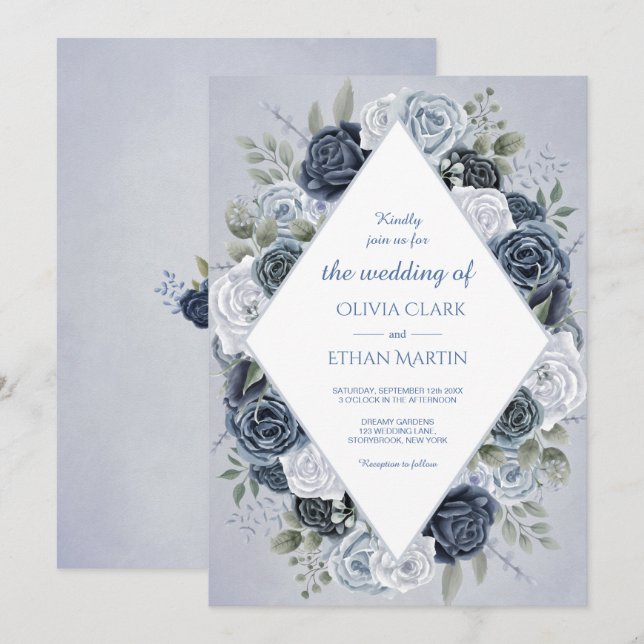 Vintage Dusty Blue Floral Geometric Invitation (Front/Back)