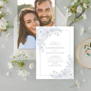 Vintage Dusty Blue Floral Line Art Photo Wedding Invitation