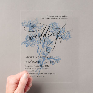Vintage Dusty Blue Floral Minimalist Wedding Acrylic Invitations