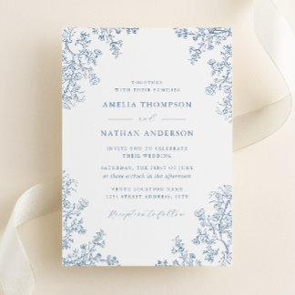 Vintage Dusty Blue Floral Wedding Invitation