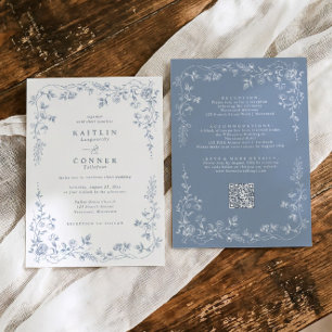 Vintage Dusty Blue French Floral Wedding Invitation