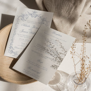 Vintage Dusty Blue Old Money All In One Wedding Invitation