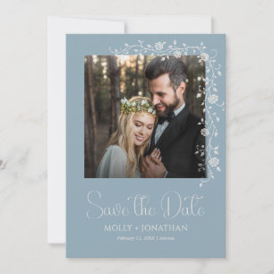 Vintage Dusty Blue Rose Vine Wedding Save The Date